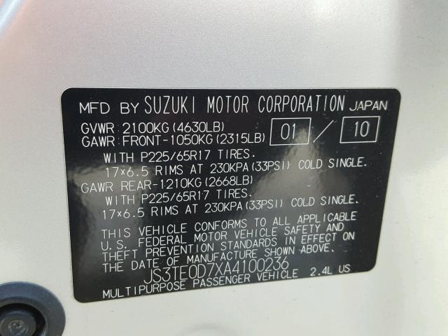 JS3TE0D7XA4100236 - 2010 SUZUKI GRAND VITA SILVER photo 10