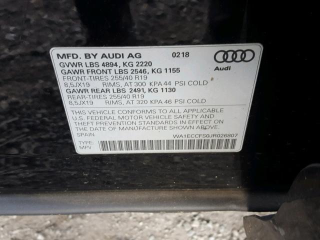 WA1ECCFS0JR026807 - 2018 AUDI Q3 PREMIUM BLACK photo 10