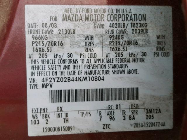 4F2YZ02B44KM10804 - 2004 MAZDA TRIBUTE DX 红色 照片 10