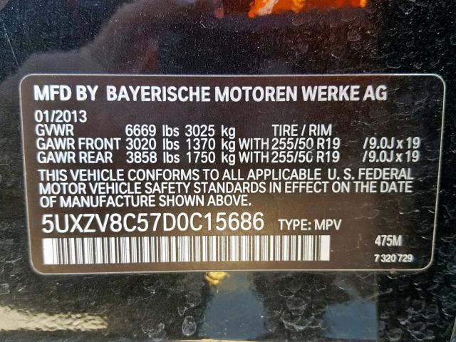 5UXZV8C57D0C15686 - 2013 BMW X5 XDRIVE5 BLACK photo 10