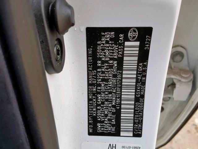 4T1BK1EBXFU179972 - 2015 TOYOTA AVALON XLE WHITE photo 10