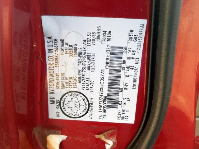 1FMZU74E33UC32773 - 2003 FORD EXPLORER E RED photo 10