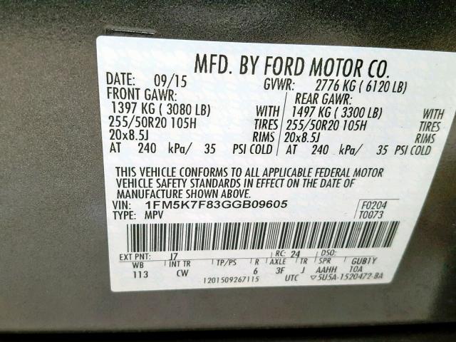 1FM5K7F83GGB09605 - 2016 FORD EXPLORER L GRAY photo 10