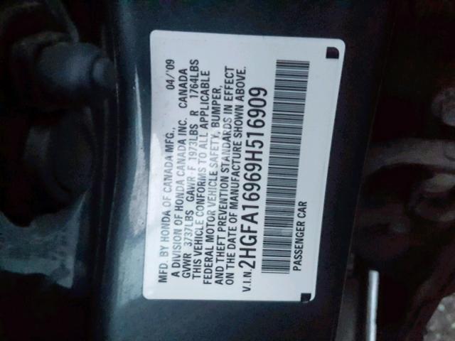 2HGFA16969H516909 - 2009 HONDA CIVIC EXL GRAY photo 10