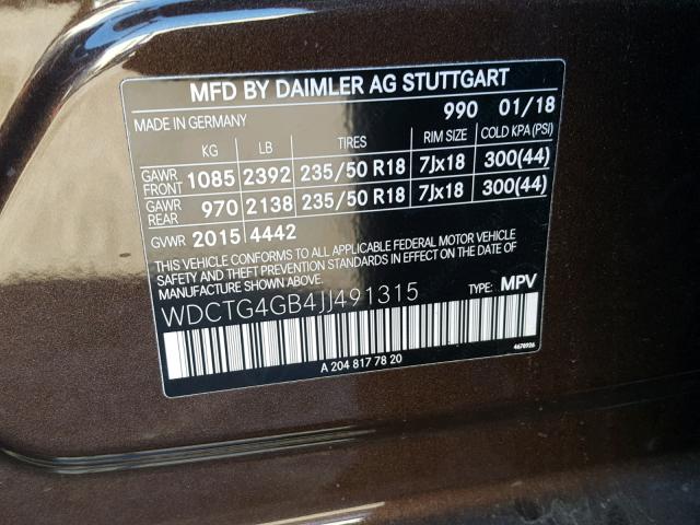 WDCTG4GB4JJ491315 - 2018 MERCEDES-BENZ GLA 250 4M BROWN photo 10