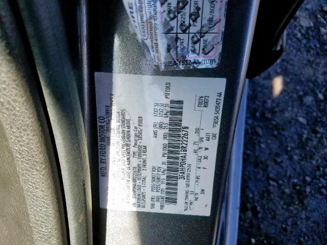 3FAHP0HA1BR222678 - 2011 FORD FUSION SE GRAY photo 10