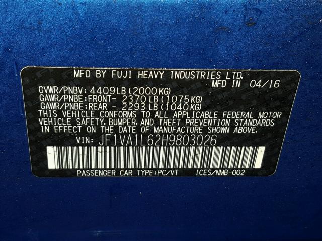 JF1VA1L62H9803026 - 2017 SUBARU WRX LIMITE BLUE photo 10