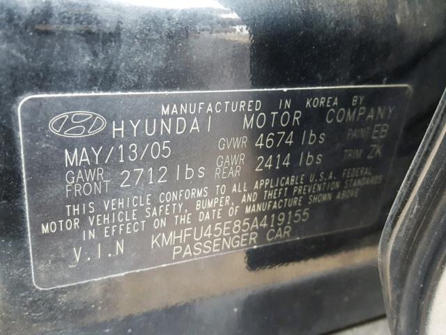 KMHFU45E85A419155 - 2005 HYUNDAI XG 350 BLACK photo 10