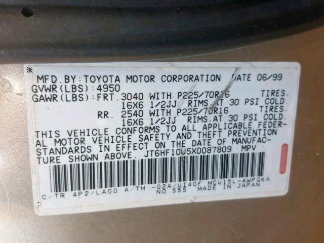 JT6HF10U5X0087809 - 1999 LEXUS RX 300 TAN photo 10