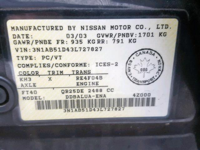 3N1AB51D43L727827 - 2003 NISSAN SENTRA SE- BLACK photo 10