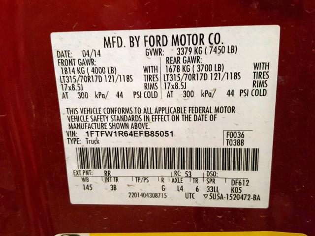 1FTFW1R64EFB85051 - 2014 FORD F150 SVT R RED photo 10