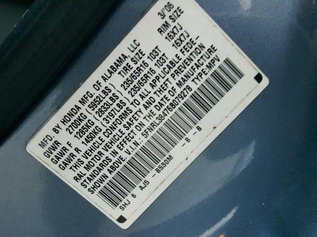 5FNRL38476B079278 - 2006 HONDA ODYSSEY EX BLUE photo 10