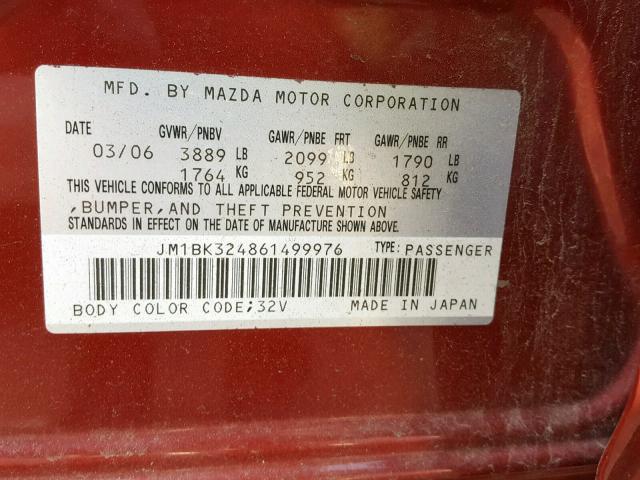 JM1BK324861499976 - 2006 MAZDA 3 S RED photo 10