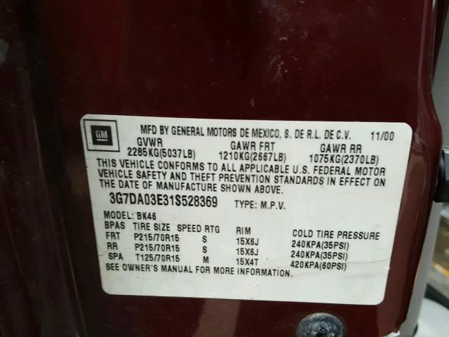 3G7DA03E31S528369 - 2001 PONTIAC AZTEK MAROON photo 10