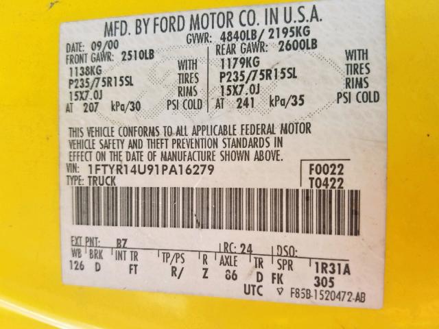 1FTYR14U91PA16279 - 2001 FORD RANGER SUP YELLOW photo 10