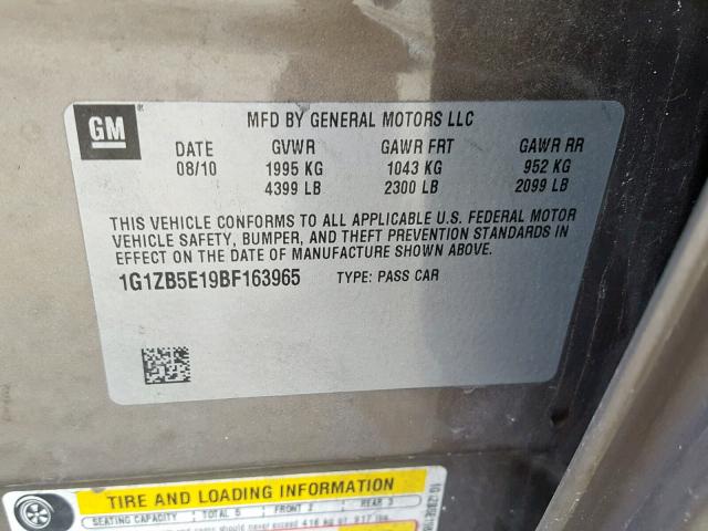 1G1ZB5E19BF163965 - 2011 CHEVROLET MALIBU LS ყავისფერი ფოტო 10