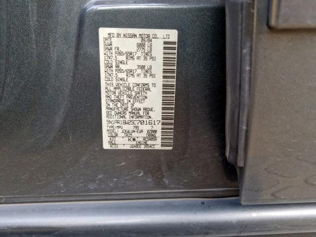 5N1AR18W25C701617 - 2005 NISSAN PATHFINDER GRAY photo 10