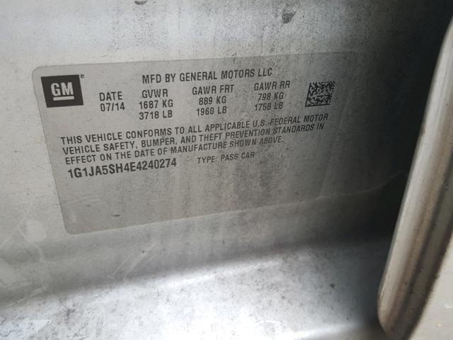 1G1JA5SH4E4240274 - 2014 CHEVROLET SONIC LS SILVER photo 10