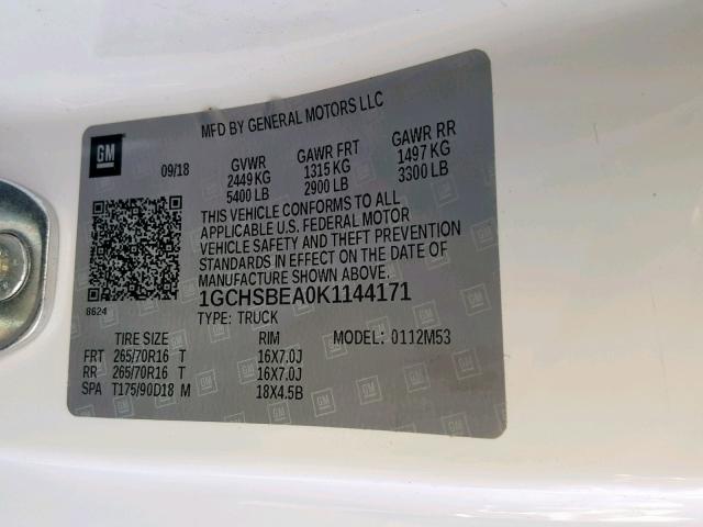 1GCHSBEA0K1144171 - 2019 CHEVROLET COLORADO WHITE photo 10