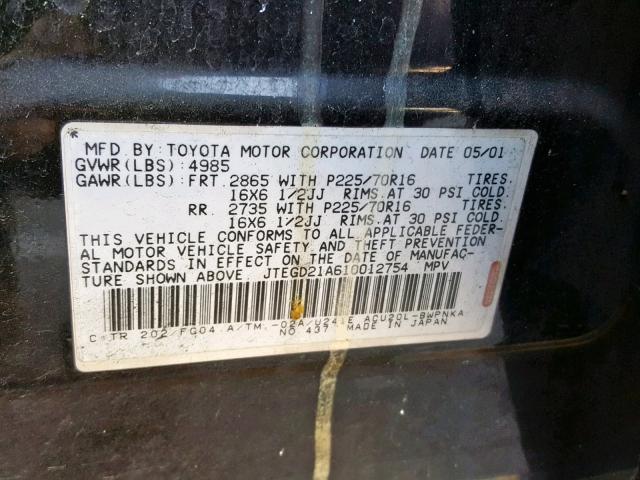 JTEGD21A610012754 - 2001 TOYOTA HIGHLANDER BLACK photo 10