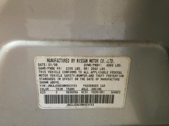 JNKAJ09E08M303153 - 2008 INFINITI EX35 BASE SILVER photo 10
