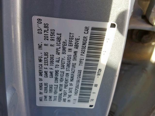 1HGCP26419A124446 - 2009 HONDA ACCORD LXP SILVER photo 10