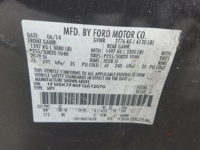 1FM5K7F80FGA12070 - 2015 FORD EXPLORER L GRAY photo 10