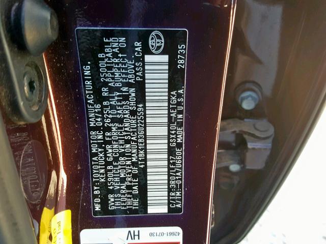 4T1BK1EB3GU225594 - 2016 TOYOTA AVALON XLE BURGUNDY photo 10