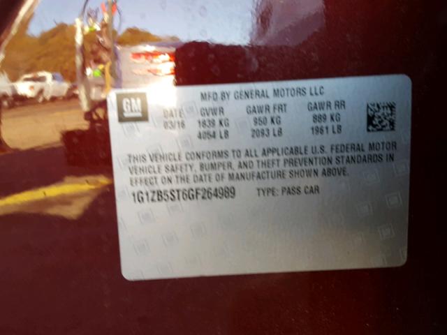 1G1ZB5ST6GF264989 - 2016 CHEVROLET MALIBU LS ბურგუნდია ფოტო 10