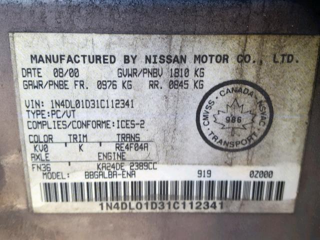 1N4DL01D31C112341 - 2001 NISSAN ALTIMA XE BEIGE photo 10