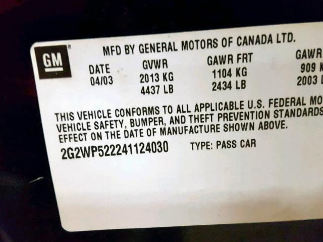 2G2WP522241124030 - 2004 PONTIAC GRAND PRIX BLACK photo 10