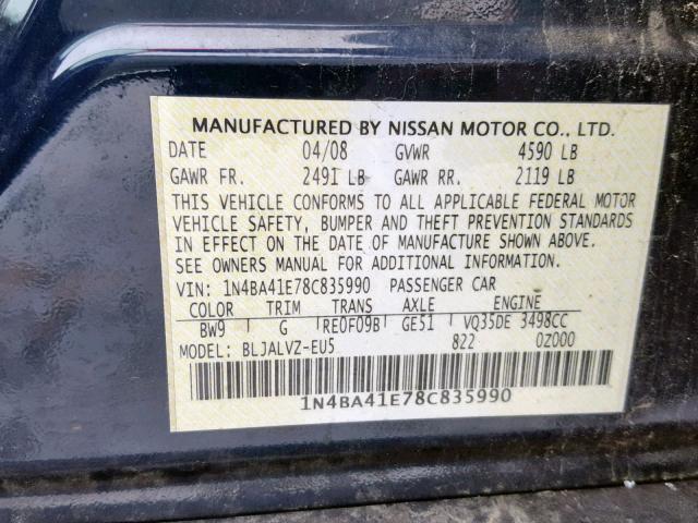 1N4BA41E78C835990 - 2008 NISSAN MAXIMA SE BLUE photo 10