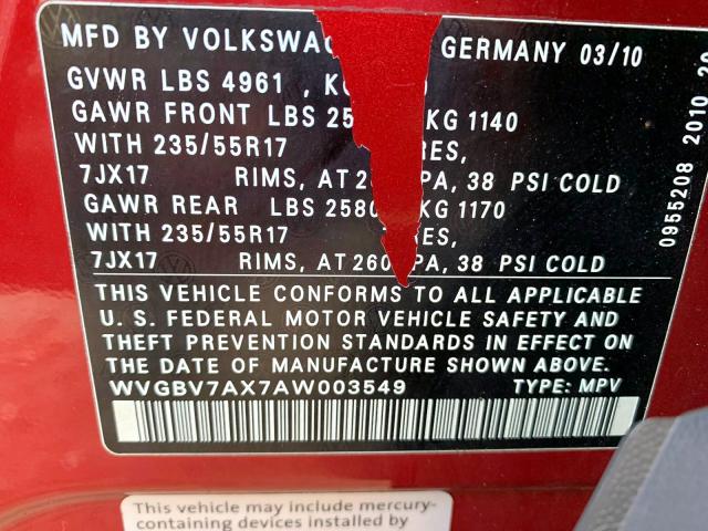 WVGBV7AX7AW003549 - 2010 VOLKSWAGEN TIGUAN SE RED photo 8