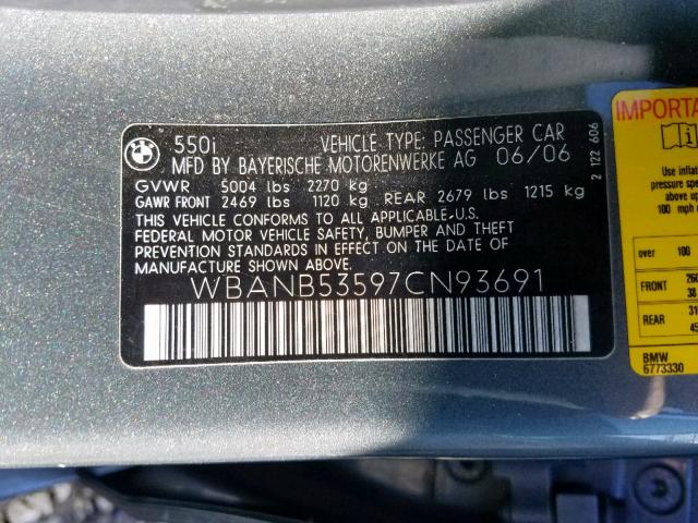 WBANB53597CN93691 - 2007 BMW 550 I GRAY photo 10