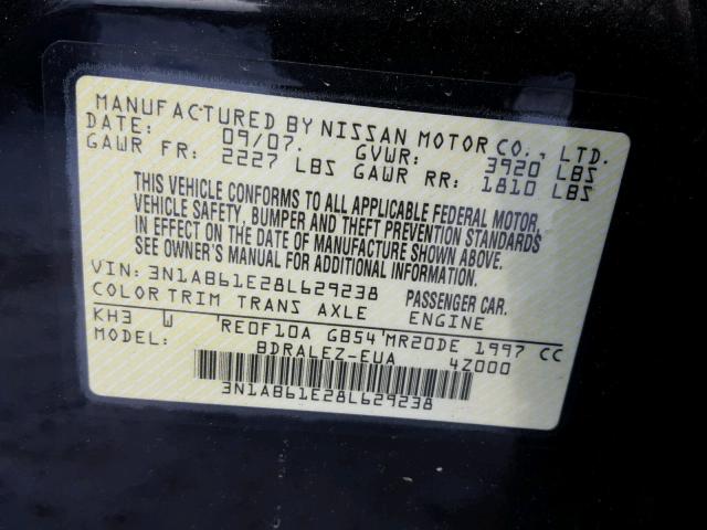 3N1AB61E28L629238 - 2008 NISSAN SENTRA 2.0 BLACK photo 10