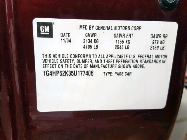 1G4HP52K35U177406 - 2005 BUICK LESABRE CU BURGUNDY photo 10