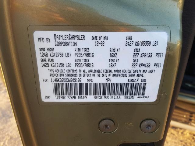 1J4GK38K23W609196 - 2003 JEEP LIBERTY RE GREEN photo 10