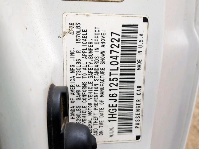 1HGEJ6125TL047227 - 1996 HONDA CIVIC DX WHITE photo 10