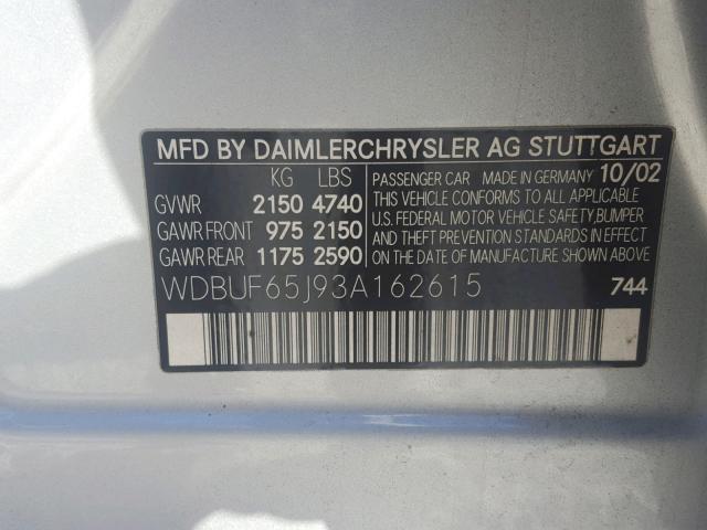 WDBUF65J93A162615 - 2003 MERCEDES-BENZ E 320 SILVER photo 10