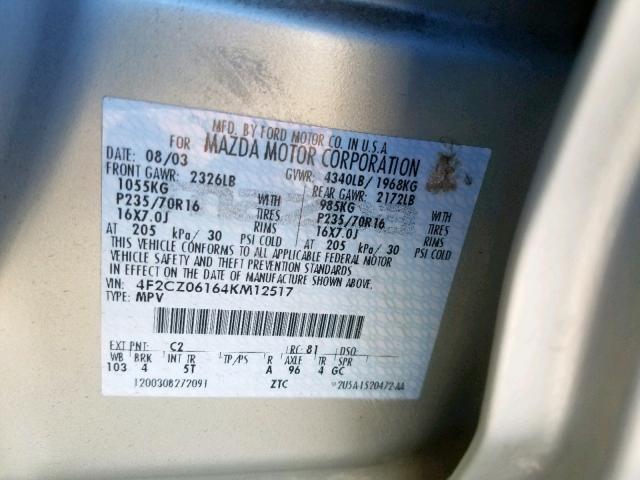 4F2CZ06164KM12517 - 2004 MAZDA TRIBUTE ES Bej foto 10