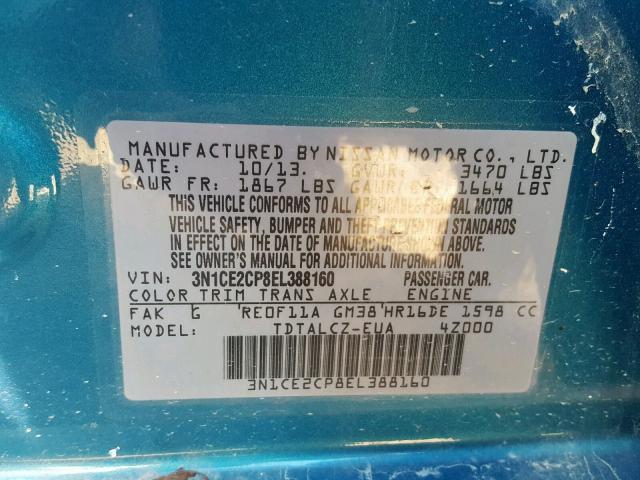 3N1CE2CP8EL388160 - 2014 NISSAN VERSA NOTE BLUE photo 10