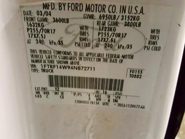 1FTRF14W94NB72711 - 2004 FORD F150 WHITE photo 10