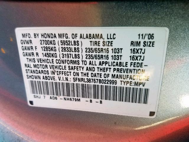 5FNRL38767B022999 - 2007 HONDA ODYSSEY EX GRAY photo 10