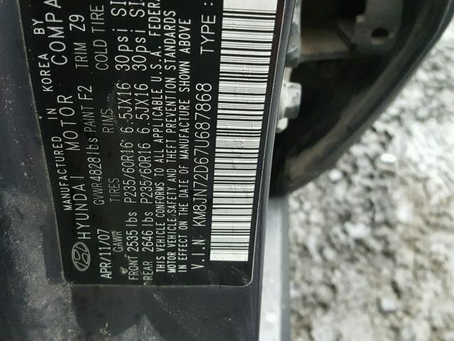 KM8JN72D67U687868 - 2007 HYUNDAI TUCSON SE GRAY photo 10