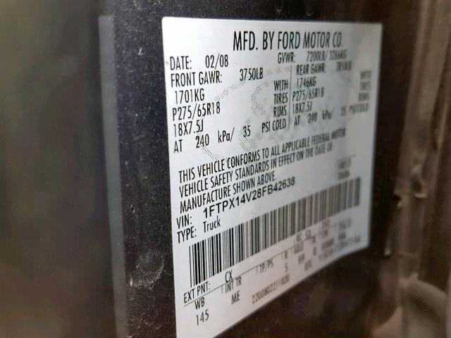 1FTPX14V28FB42638 - 2008 FORD F150 GRAY photo 10