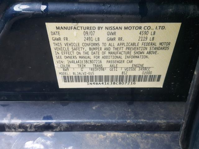 1N4BA41E38C807216 - 2008 NISSAN MAXIMA SE BLUE photo 10