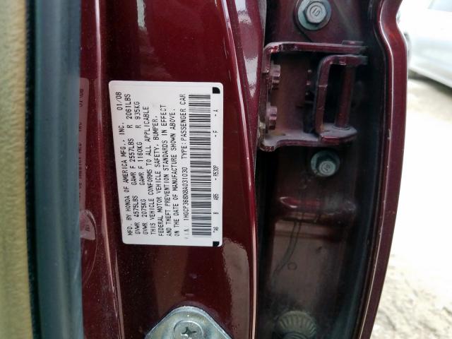 1HGCP368X8A031030 - 2008 HONDA ACCORD EXL MAROON photo 10