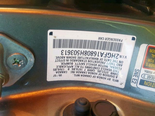 2HGFA16808H503613 - 2008 HONDA CIVIC EX GRAY photo 10