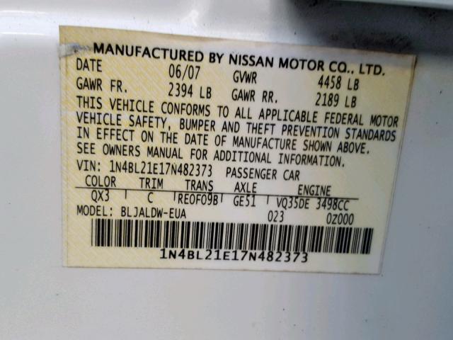 1N4BL21E17N482373 - 2007 NISSAN ALTIMA 3.5 WHITE photo 10