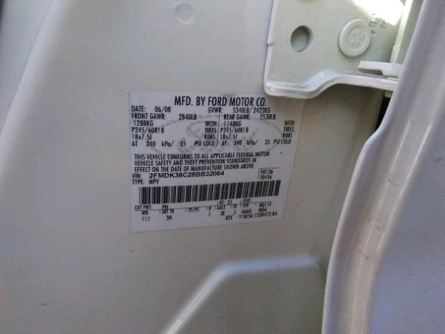 2FMDK38C28BB32064 - 2008 FORD EDGE SEL CREAM photo 10